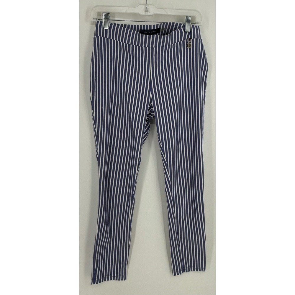 Tommy Hilfiger Womens Navy White Striped Pull On Skinny Pants HO3PS592 Size 10